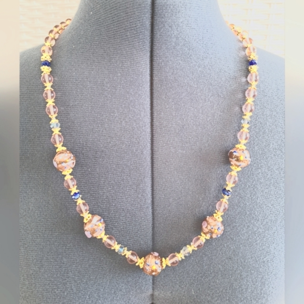 VTG Style Pink Rose & Wedding Cake ART GLASS BEADED NECKLACE 26" GF and Vermeil